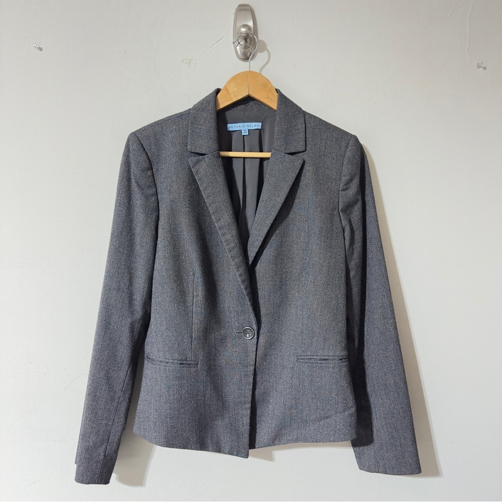 👉 Antonio Melani Women's Gray Herringbone One-Button Blazer Jacket Size 8